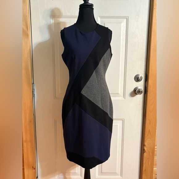 White House Black Market Asymmetrical Blue Gray Sheath Dress - Picture 1 of 12
